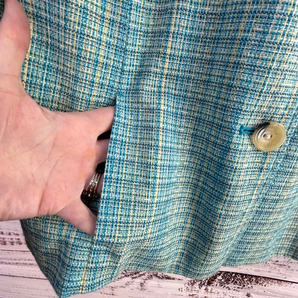 Vintage‎ Mod Coastal Grandmacore Tweed Jacket L Boxy Teal Blue Yellow Woven Poly